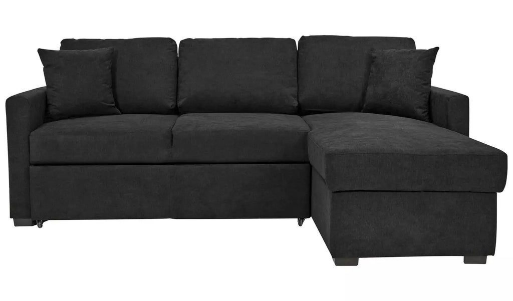 Habitat Reagan RH Storage Corner Chaise Sofa Bed in charcoal with cushions, ideal for storage and lounging.