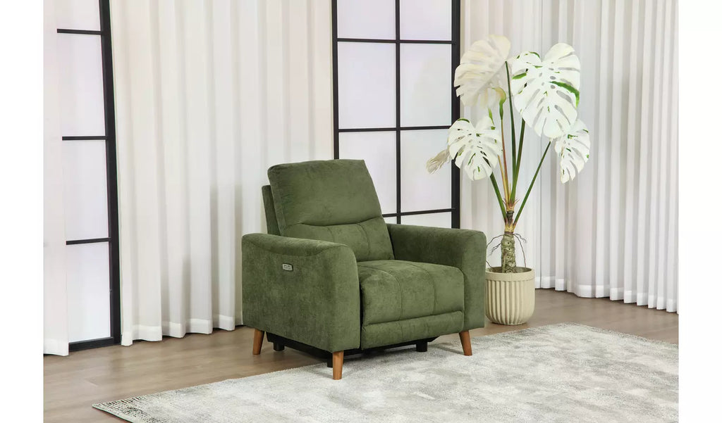 Ezra Fabric Recliner Chair - Green / B Grade, a stylish green fabric recliner chair in a modern living room setting.