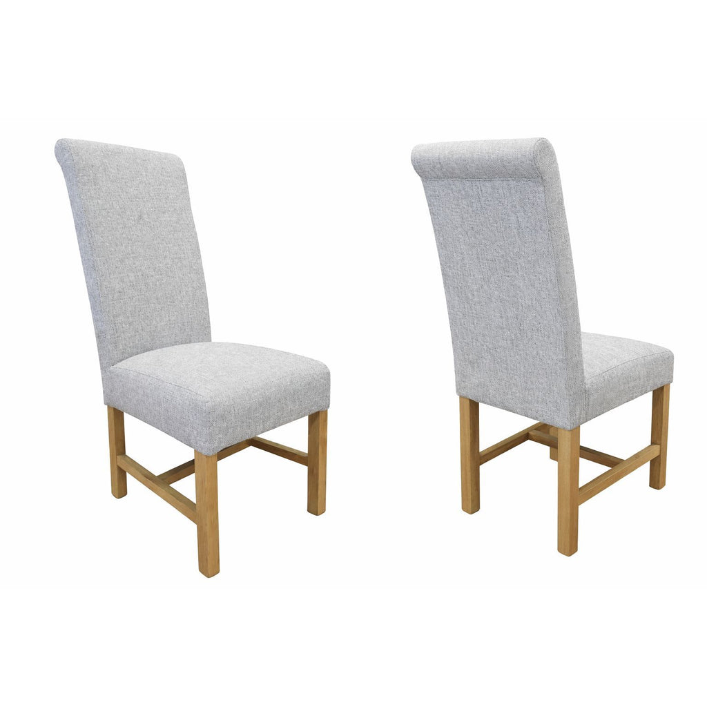Braced Scroll Back Oak & Upholstered Pair of Dining Chair - Light Grey