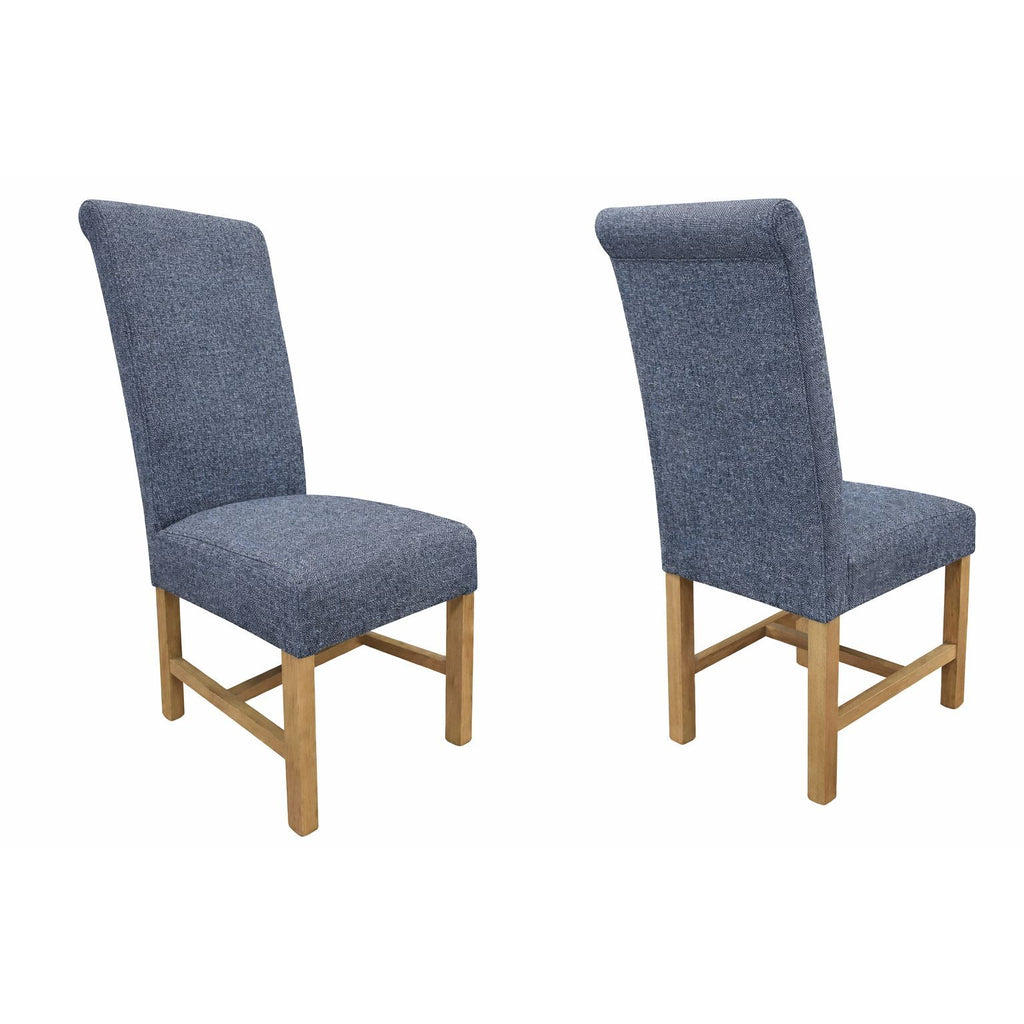 Braced Scroll Back Oak & Upholstered Pair of Dining Chair - Dark Blue