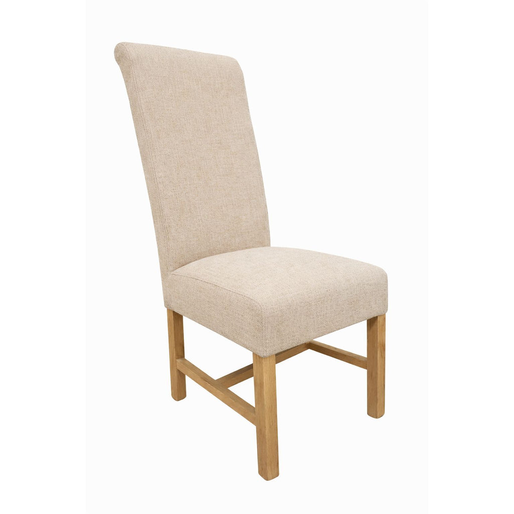 Braced Scroll Back Oak & Upholstered Pair of Dining Chair - Oatmeal